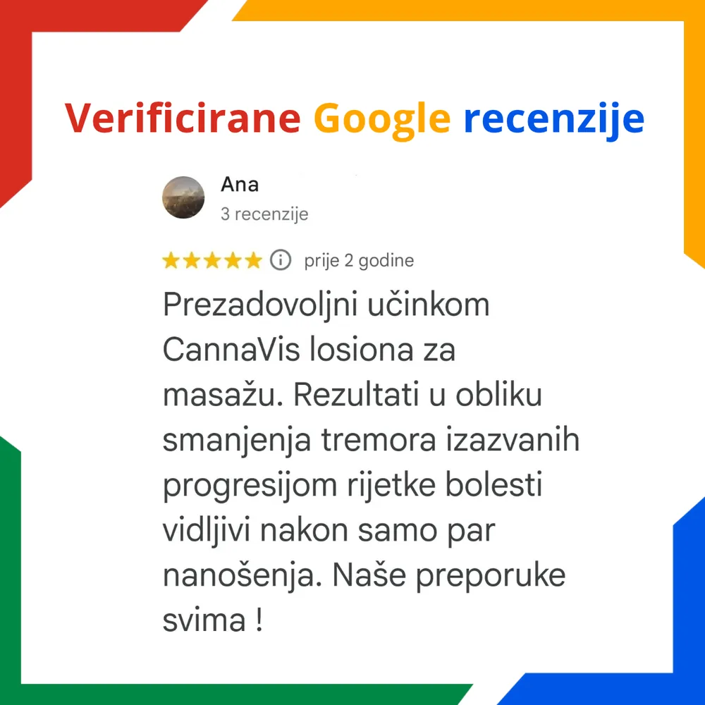 Verificirana Google recenzija za CannaVis losion za masažu 125 ml - prezadovoljni učinkom, rezultati u obliku smanjenja tremora vidljivi nakon samo par nanošenja, opuštanje mišića i njega kože