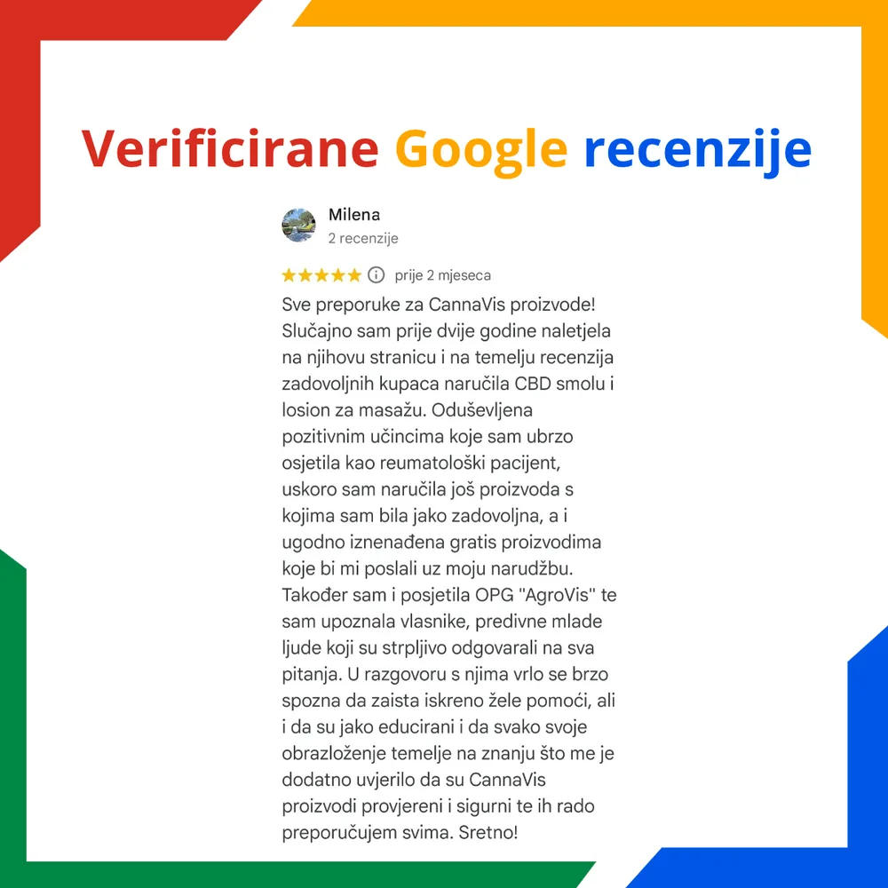 Verificirana Google recenzija za CannaVis losion za masažu i CBD smolu - Milena oduševljena pozitivnim učincima kao reumatološki pacijent, naručila CBD smolu i losion za masažu, brzo osjetila pozitivne učinke, gratis proizvodi uz narudžbu